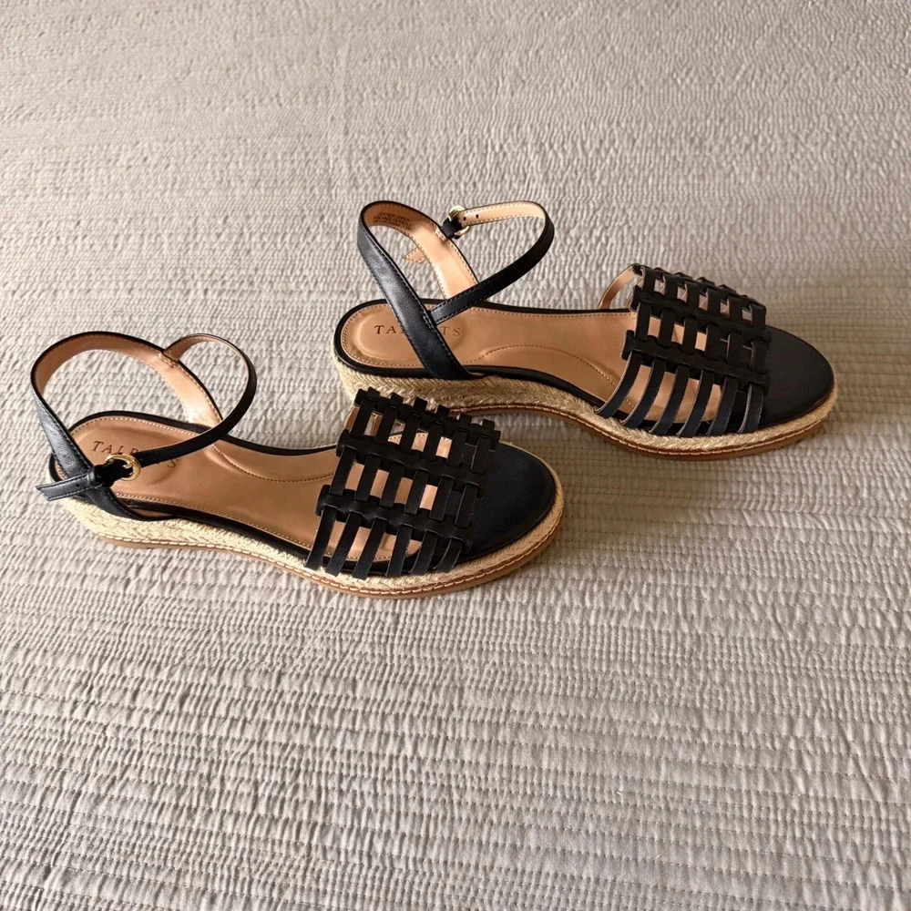 NEW Talbots Women Navy Leather Woven Espadrille Wedge Sandals  7.5M Ankle Strap
